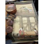 Japanese scroll painting, carved cylindrical box and cover, two similar, smaller boxes and a pair of