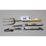 Two silver and mother of pearl fruit knives, silver mounted mother of pearl toasting fork and a