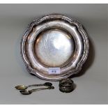 Silver (925 mark) circular pedestal dish with presentation engraving, dated 1972 together with a