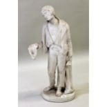 19th Century Italian carved white marble figure a beggar boy, on an integral oval plinth base,