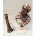 Painted plaster bust of a Moorish girl, mounted on an alabaster plinth base, 40cms high, together