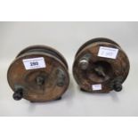 Two large brass mounted wooden fishing reels