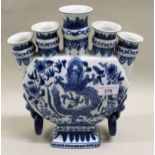 20th Century Chinese blue and white bulb vase decorated with a dragon, above ring side handles, 28.