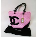 Chanel Cambon Ligne pink and black quilted medium tote bag, complete with authentication card,