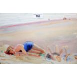 Modern British school watercolour and gouache, figures resting on a beach, signed Petley, 25cms x