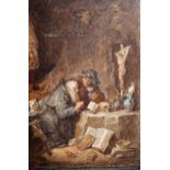 19th Century Flemish school, watercolour, a monastic figure and attendants in a cave, 11.5cms x 8.
