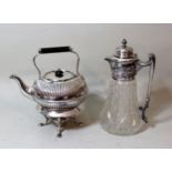 Silver plated spirit kettle on stand, silver plated and glass claret jug, together with three