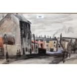 Modern British school watercolour, figures in a street, signed Thompson, 34cms x 54cms
