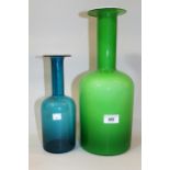 Green Holmgaard Gul vase, 38cms high, together with another blue Gul vase, 25cms high Both in good