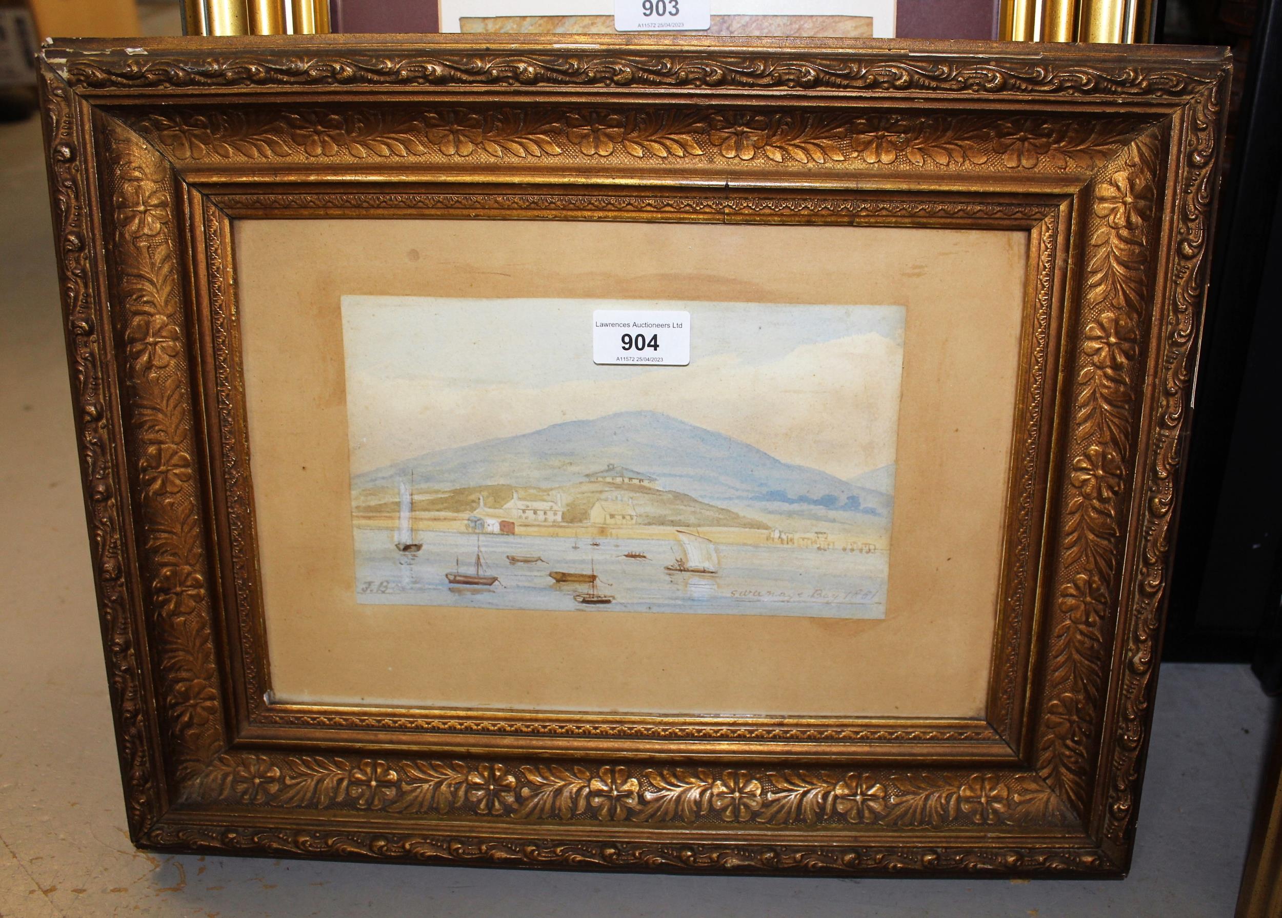 19th Century watercolour view of Swanage Bay 1851, signed J.B., 13cms x 22cms, gilt framed - Image 2 of 2