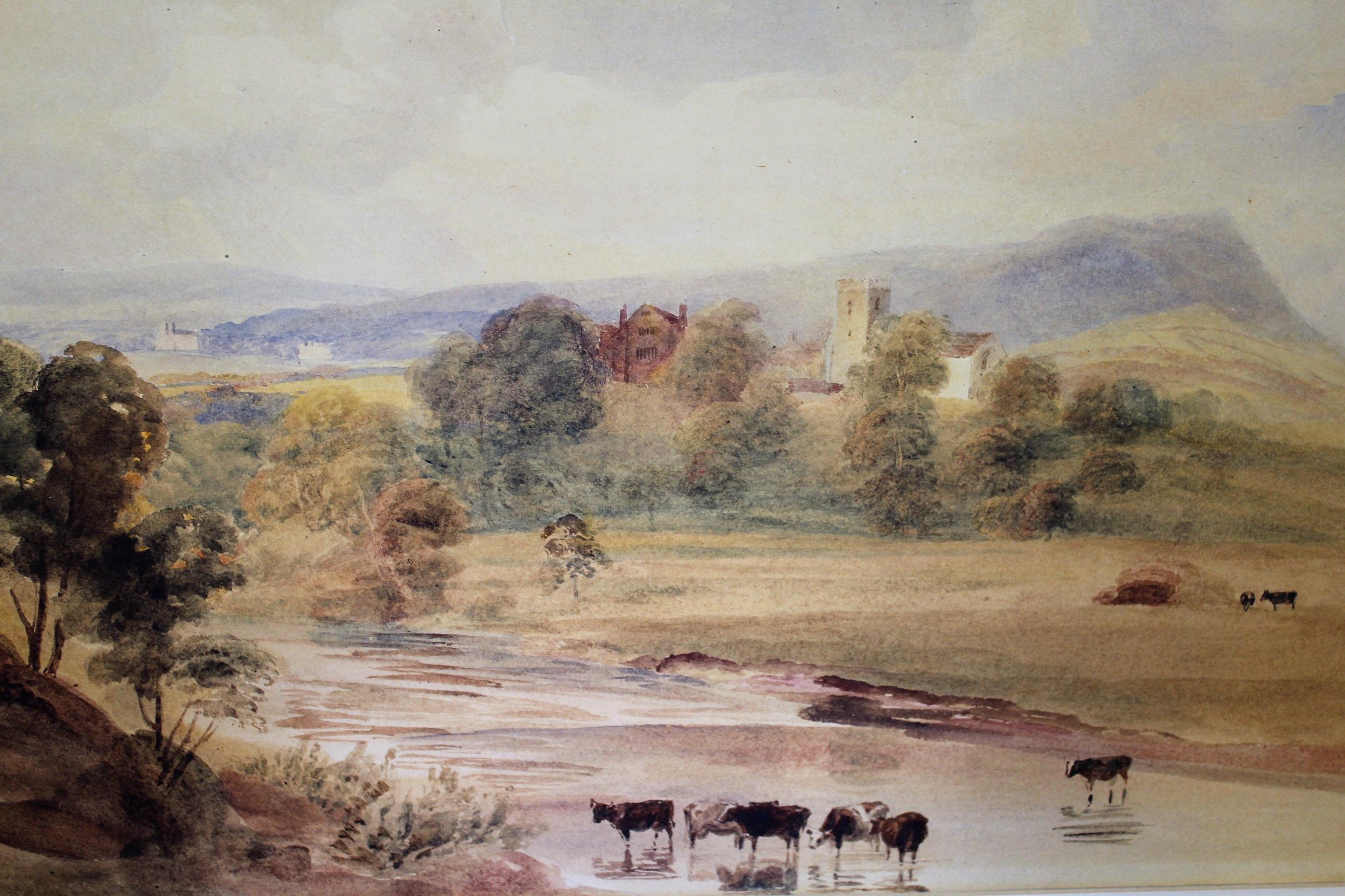 Circle of Peter De Wint, unframed 19th Century watercolour landscape with cattle and distant church,