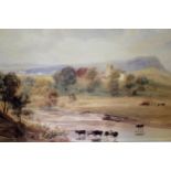 Circle of Peter De Wint, unframed 19th Century watercolour landscape with cattle and distant church,