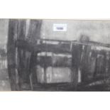 Mary Malenoir, charcoal sketch, river scene with bridge, signed, dated 1965, 23cm x 45cm, together