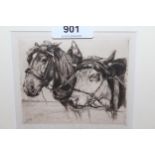 Small artist signed etching, study of head of a horse and ox, signed indistinctly and monogrammed