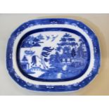 19th Century English blue and white transfer printed Willow pattern meat dish, 53cms x 42cms