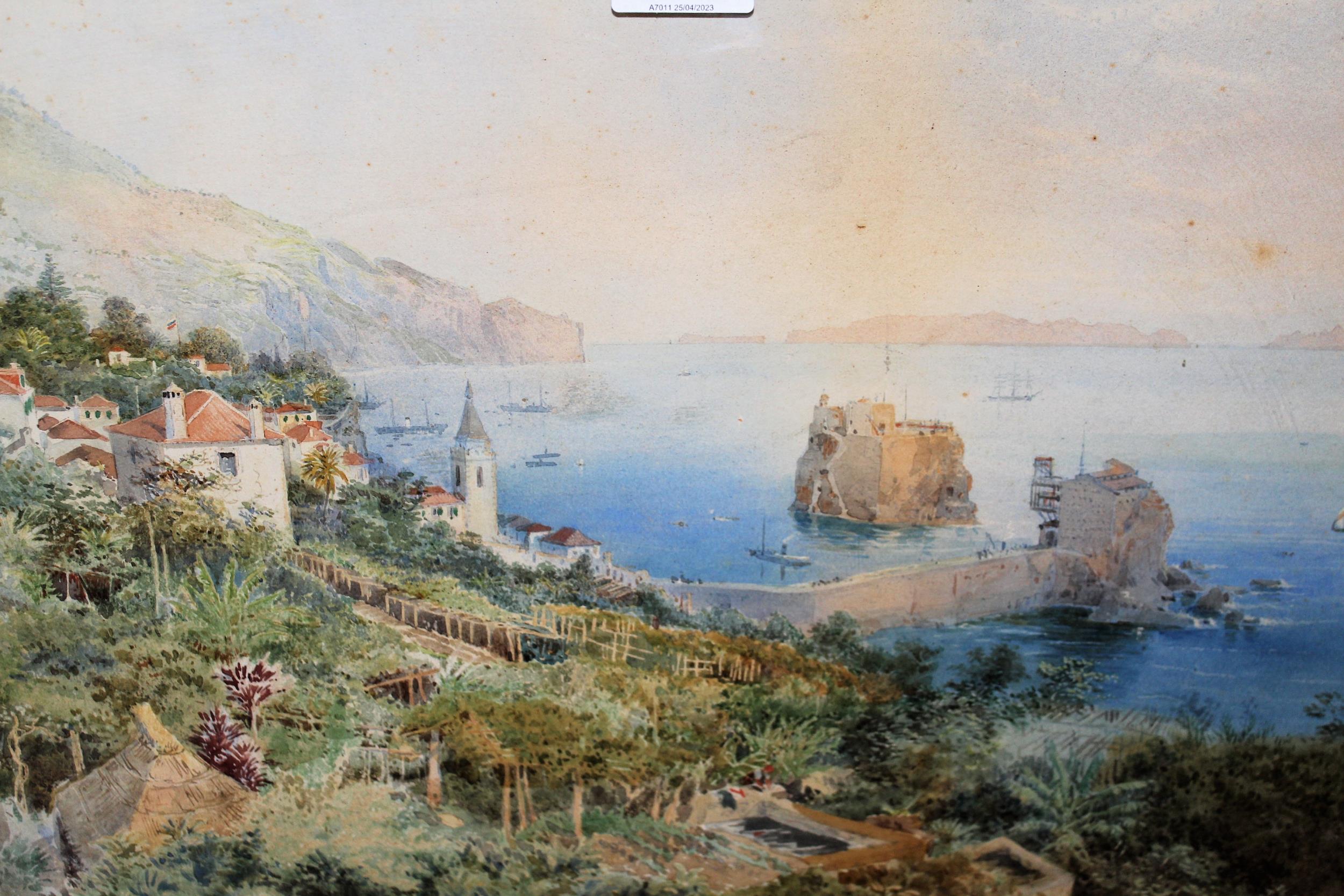 Nicholas Cheralier, watercolour, view of Madeira with various shipping, signed and dated 1887,