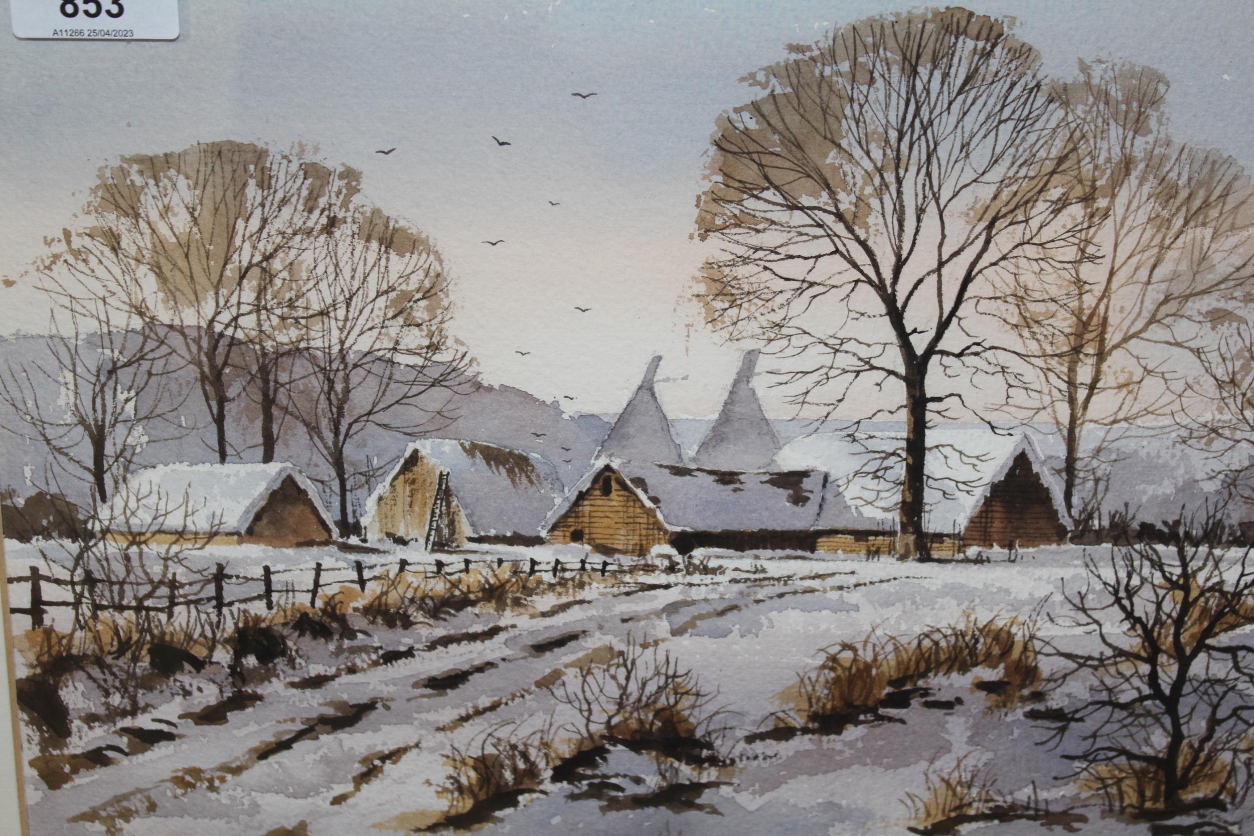 Isabelle Castle, watercolour, snow scene with oast houses, unsigned, label verso, 23cms x 34cms,