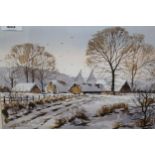 Isabelle Castle, watercolour, snow scene with oast houses, unsigned, label verso, 23cms x 34cms,