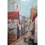 Thomas Rutter, watercolour, figures in a street scene, labelled verso, 58cms x 39cms, gilt framed