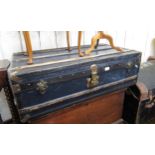 French brass mounted blue fibre trunk, with Swiss retailers label for Chamay Fils Lausanne, 100 x 57