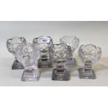 Set of six 19th Century Waterford type cut glass miniature pedestal vases, 10cms high