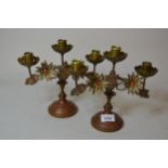 Pair of Arts & Crafts brass and copper three branch candelabra, 23cms high Both in good condition,