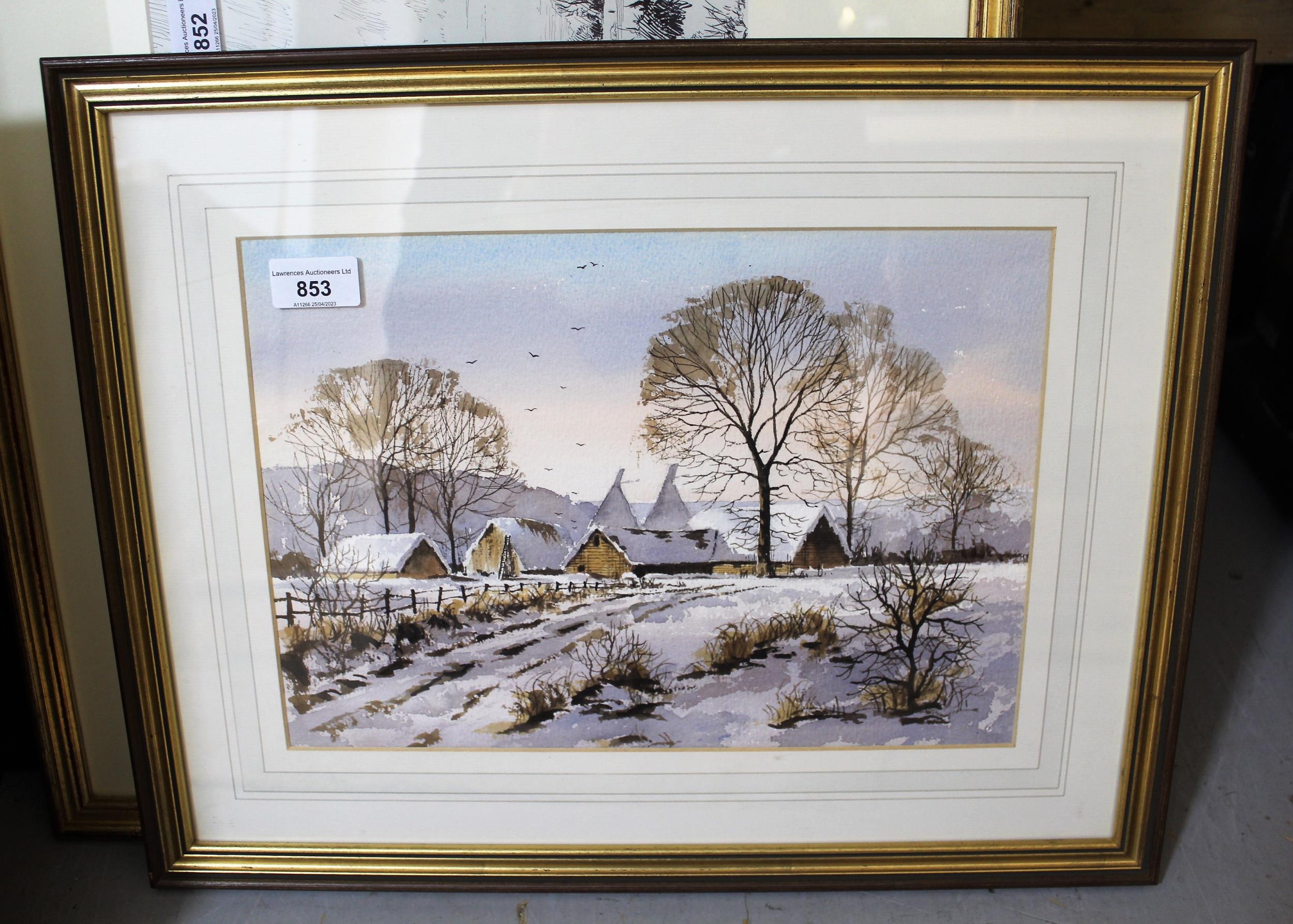 Isabelle Castle, watercolour, snow scene with oast houses, unsigned, label verso, 23cms x 34cms, - Image 2 of 2