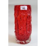 Whitefriars cylindrical glass Bark vase in ruby red, 23cms high