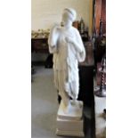 Painted reconstituted stone garden figure of a classical female with plinth base, 144cms high