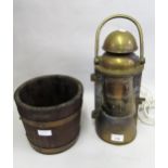 Ship's brass mast head lamp, together with a teak and iron bound bucket constructed from timbers