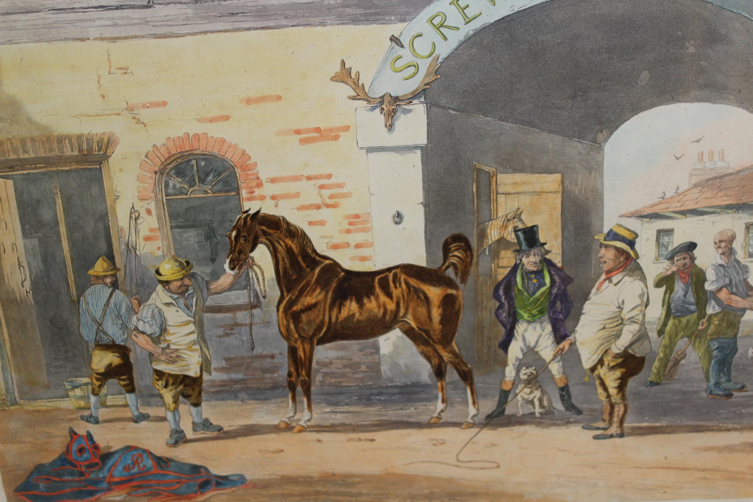 Pair of framed coloured engravings, titled ' Horse Dealing No. 1 and No. 2 ', engraved J. Harris,