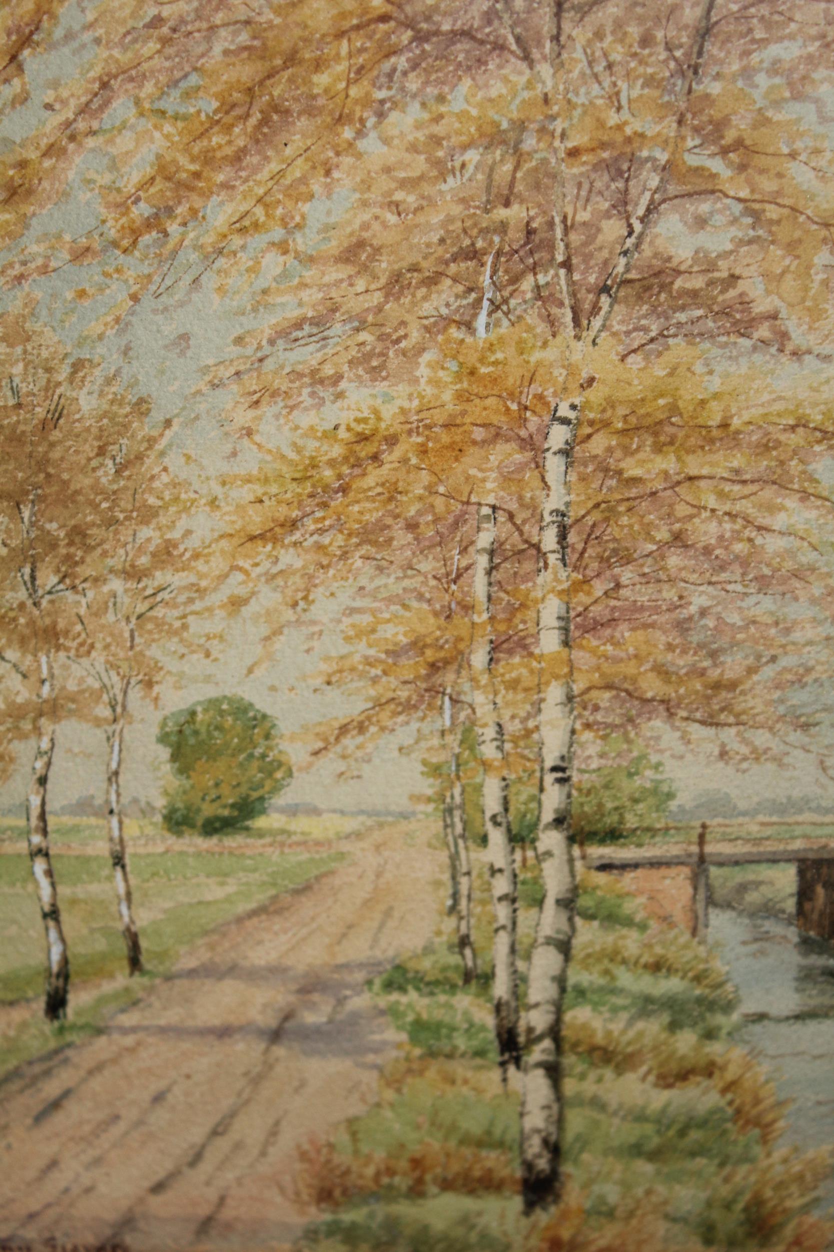 Hermann Sievers, watercolour river scene with tree lined track, signed, 21cms x 16cms, gilt framed