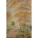 Hermann Sievers, watercolour river scene with tree lined track, signed, 21cms x 16cms, gilt framed