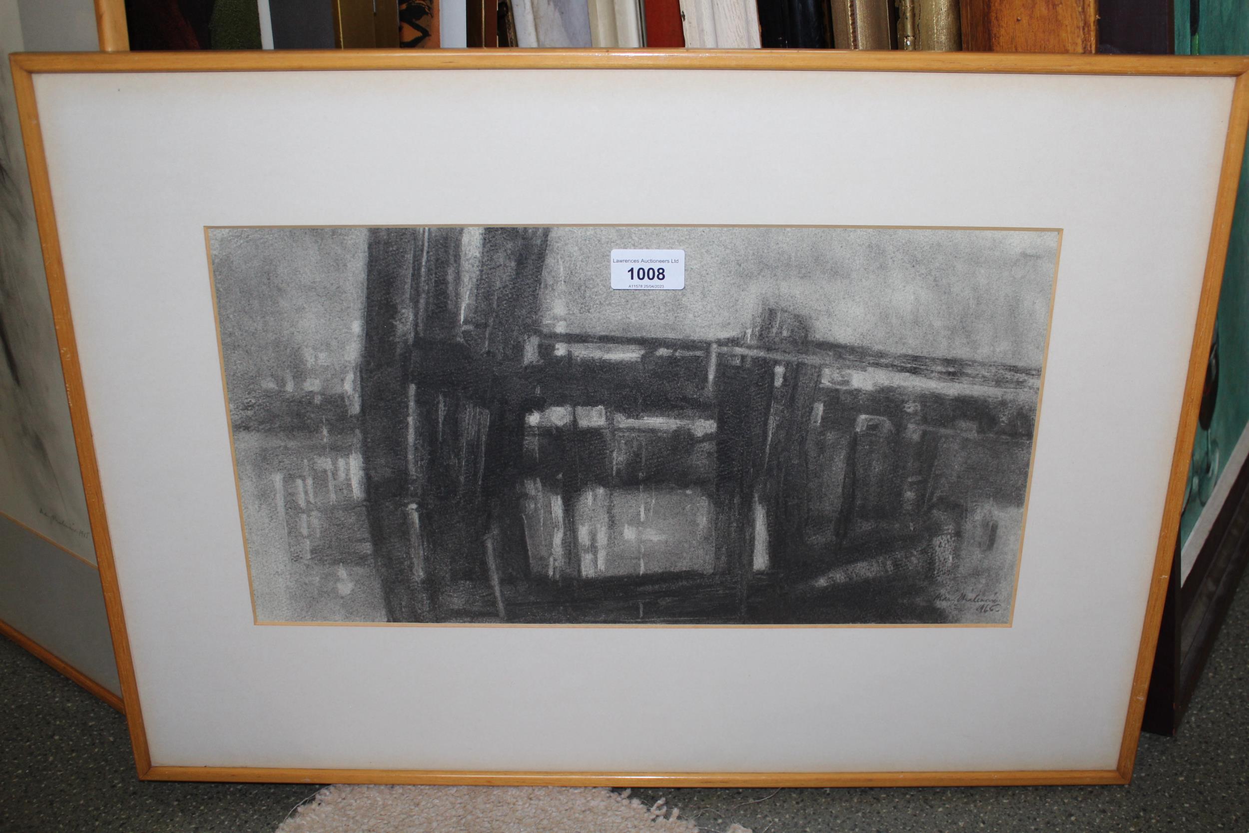 Mary Malenoir, charcoal sketch, river scene with bridge, signed, dated 1965, 23cm x 45cm, together - Image 2 of 3