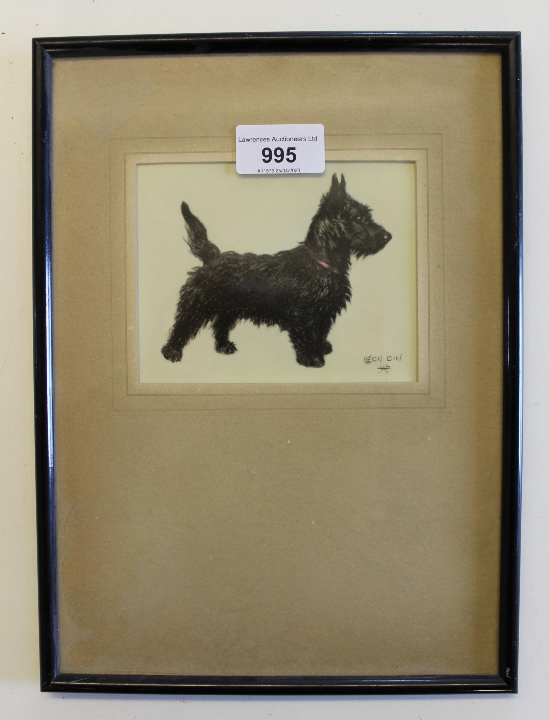 Small print on ivorine after Cecil Aldin, of a Scots terrier, framed, 9.5cms x 12cms - Image 2 of 2