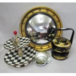 MacKenzie-Childs painted enamel two tier cake stand, a circular gilt convex mirror, lacquered rice