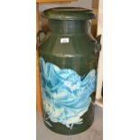 Modern green painted milk churn with cover with applied printed decoration