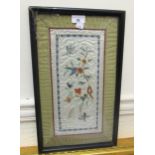 Chinese floral and inset silkwork panel, framed, 34cms x 16cms