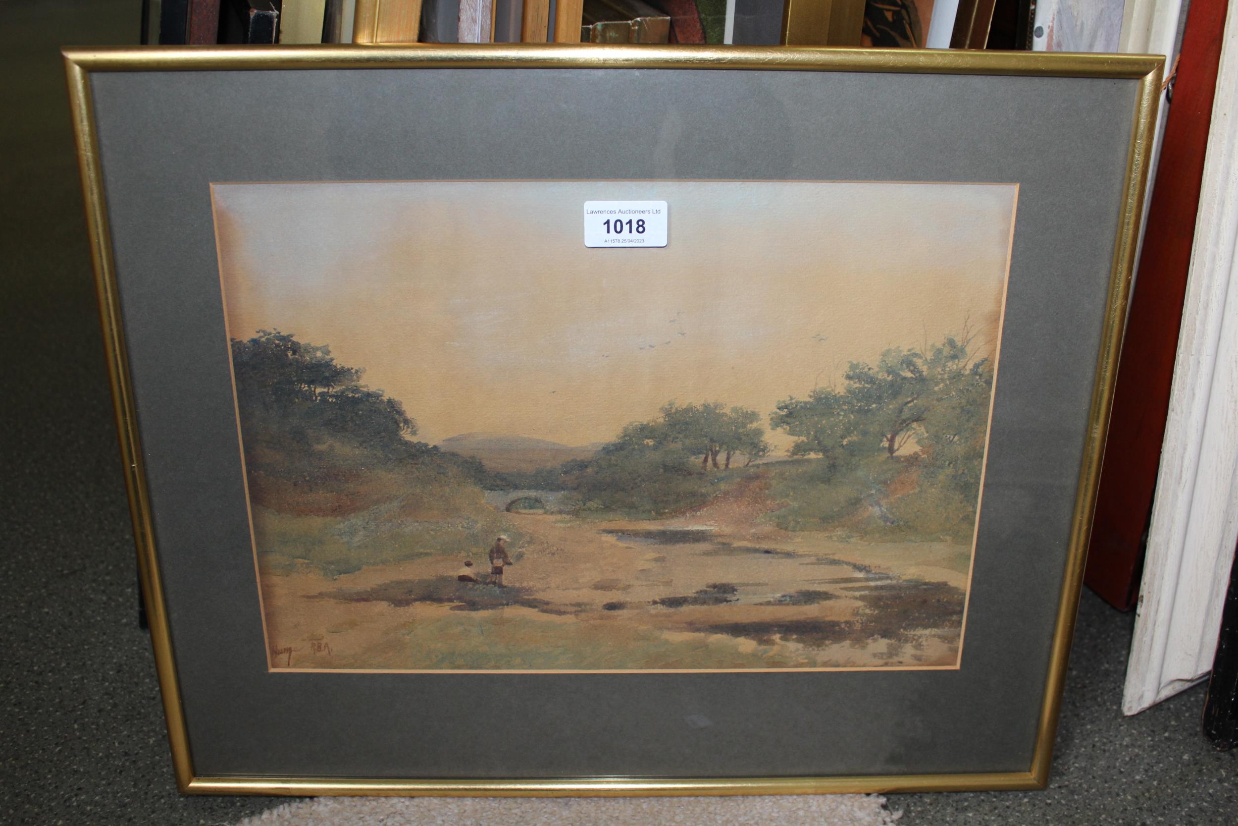 Watercolour, figures in a landscape fishing, signed Hume R.B.A., framed, 26cm x 37cm together with a - Image 2 of 3