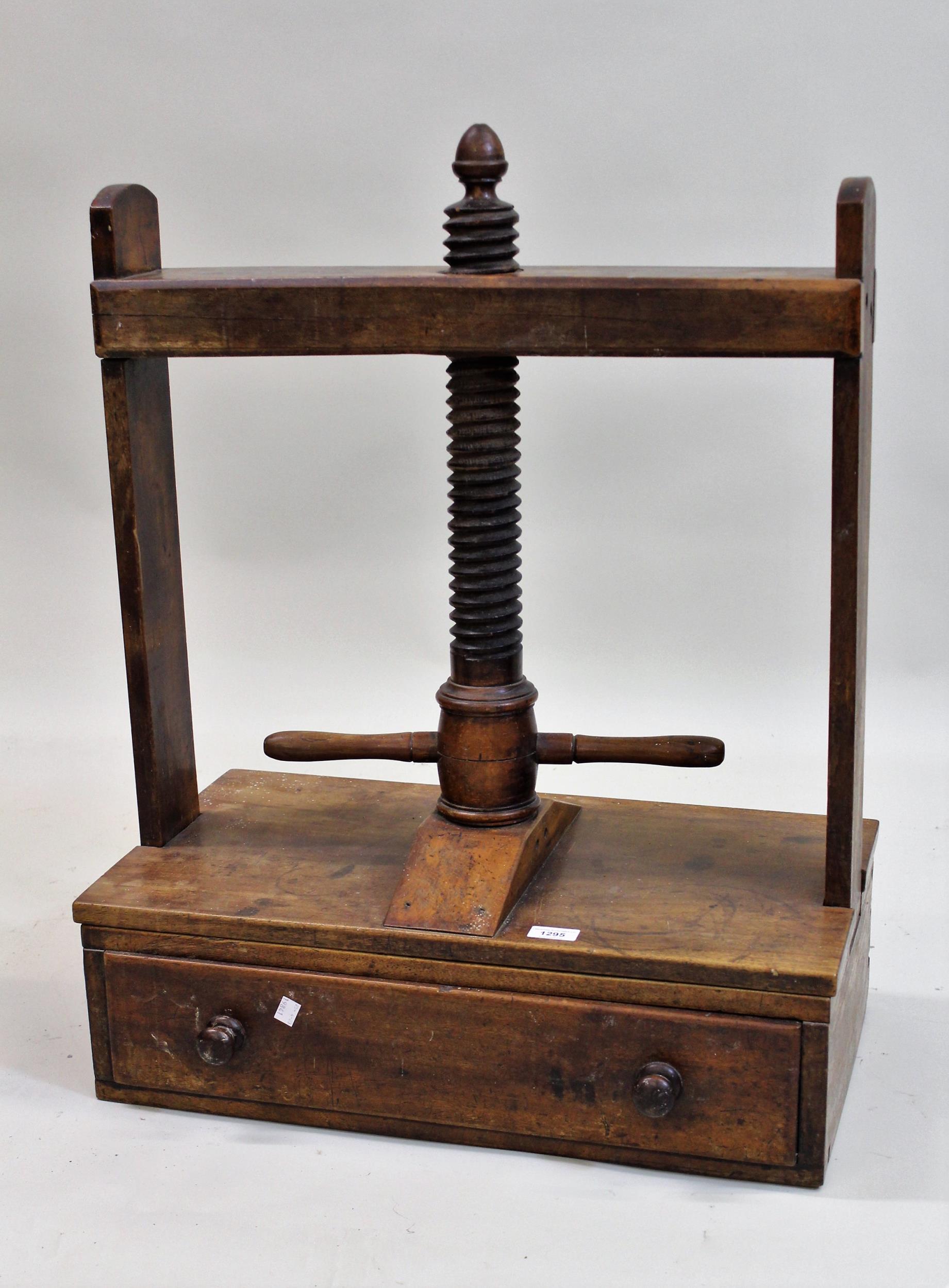 19th Century fruitwood book press, the single drawer with knob handle, 61cms wide