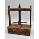 19th Century fruitwood book press, the single drawer with knob handle, 61cms wide