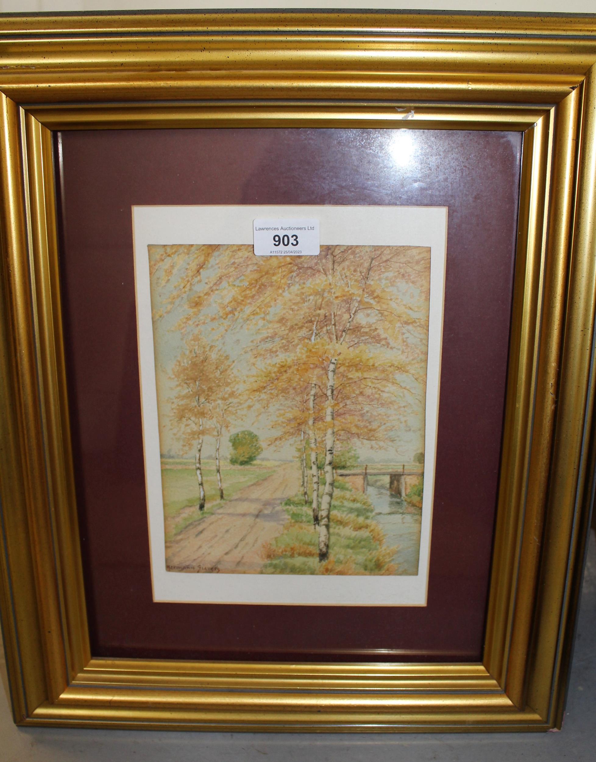 Hermann Sievers, watercolour river scene with tree lined track, signed, 21cms x 16cms, gilt framed - Image 2 of 2