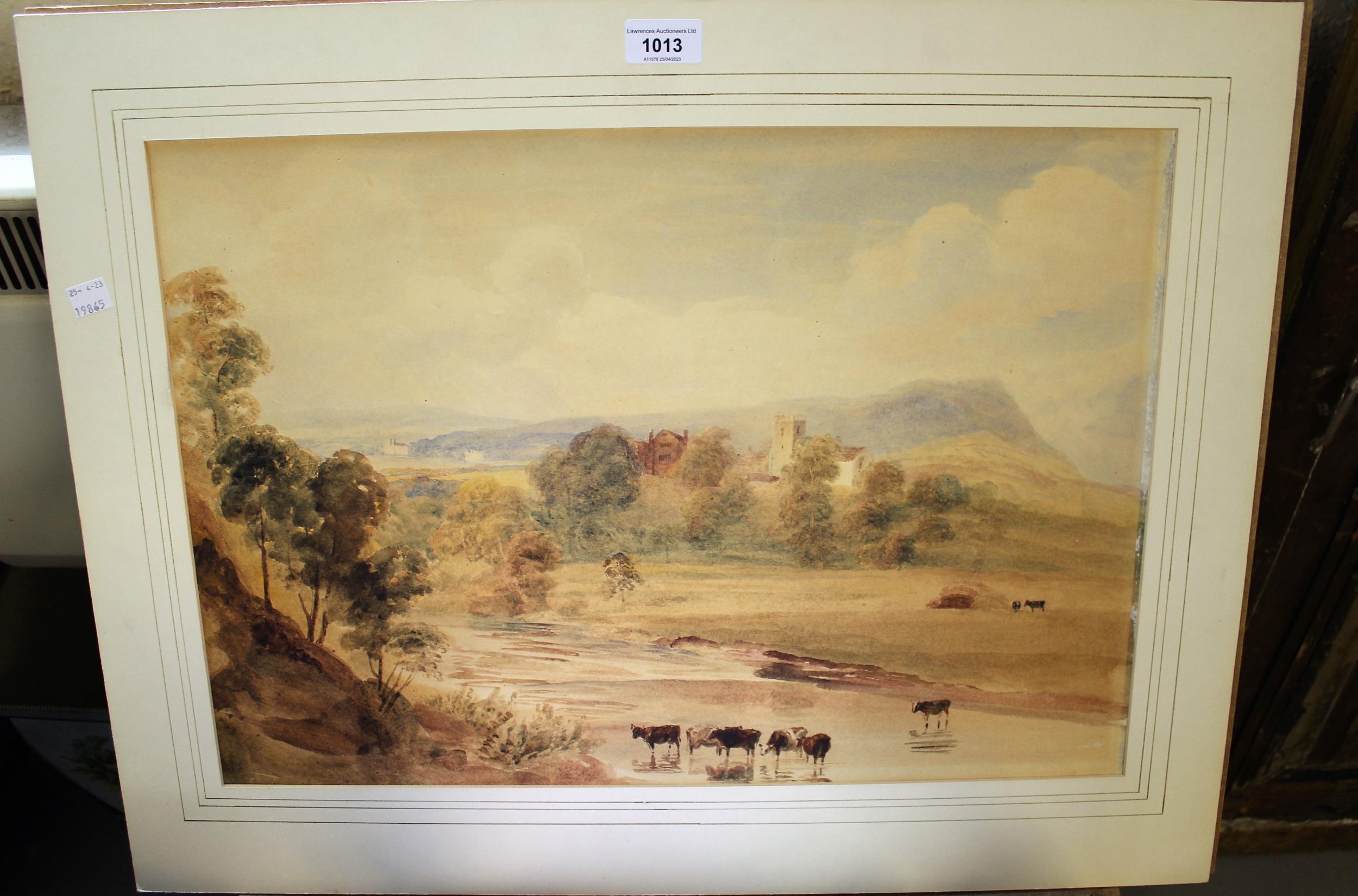 Circle of Peter De Wint, unframed 19th Century watercolour landscape with cattle and distant church, - Image 2 of 2