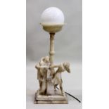 Early 20th Century carved alabaster table lamp, the opaque glass ball form shade above a tulip