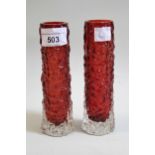 Pair of Whitefriars cylindrical ruby red Bark vases, 14.5cms high