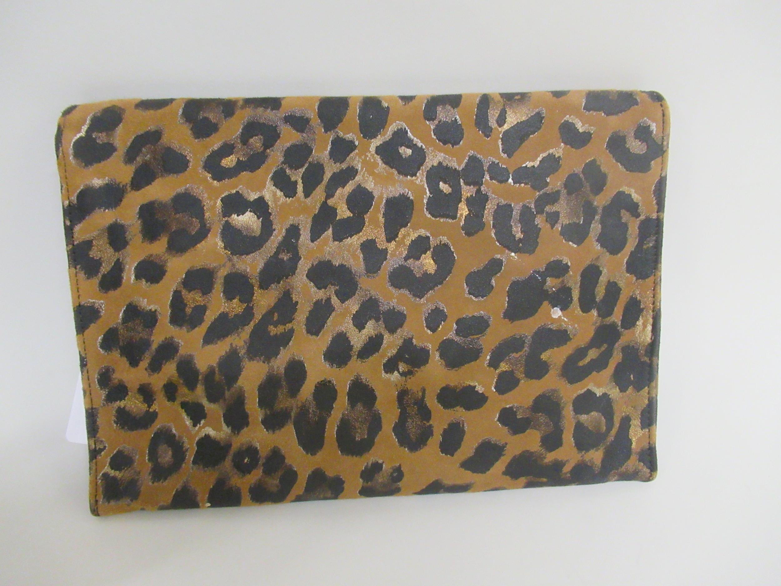 Jimmy Choo, leopard print suede envelope pouch bag with magnetic closure and detachable shoulder