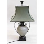 Modern porcelain and metal mounted table lamp, in the form of an urn with green silk shade (at