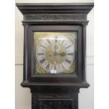 Carved oak longcase clock, late 17th / early 18th Century and later, the square hood above a