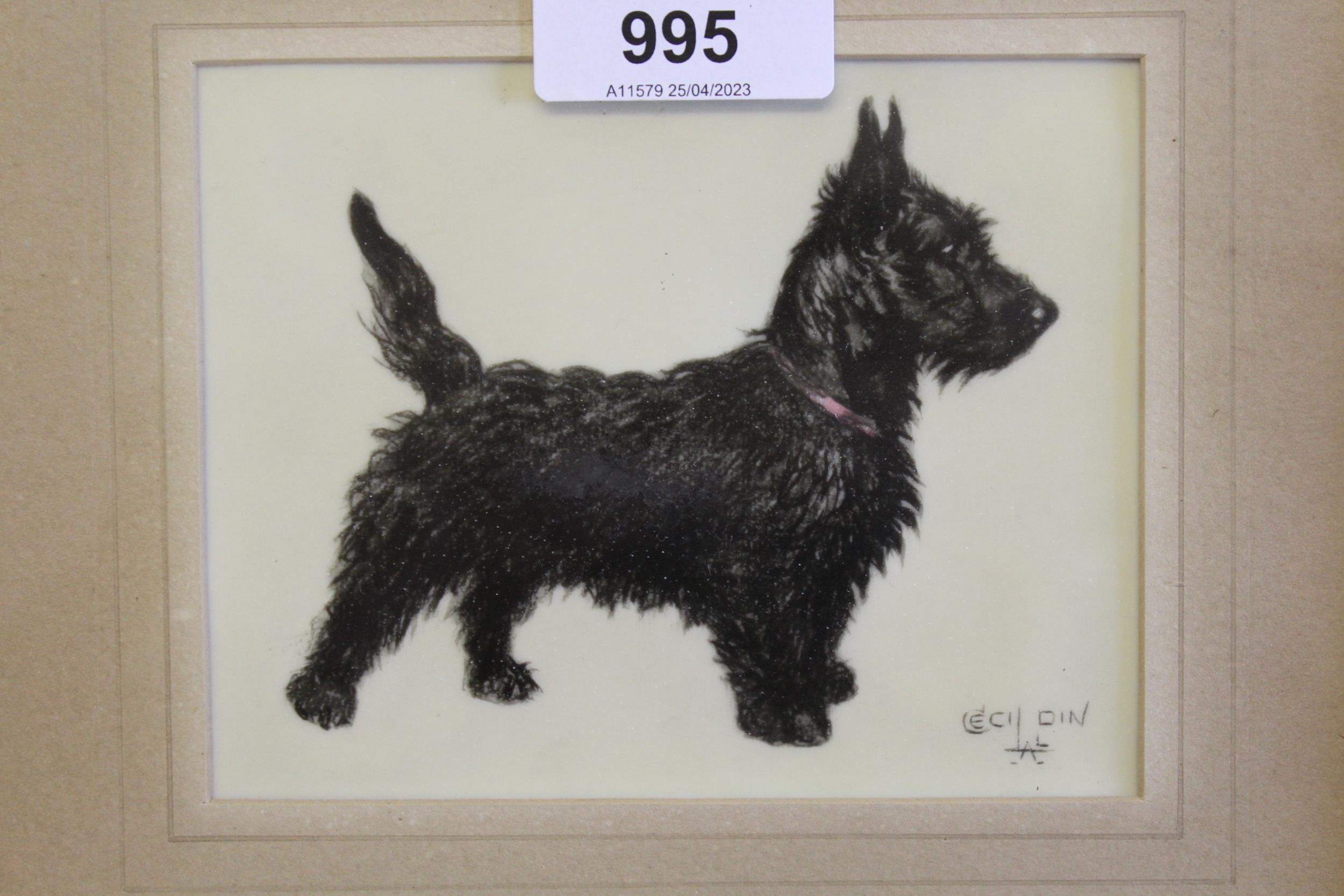 Small print on ivorine after Cecil Aldin, of a Scots terrier, framed, 9.5cms x 12cms