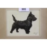 Small print on ivorine after Cecil Aldin, of a Scots terrier, framed, 9.5cms x 12cms